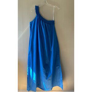 Bird & Knoll XL Blue Donatella Poplin Maxi Stretch Dress One Shoulder Pockets